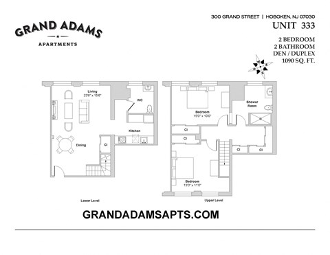 Floor plan for 2 beds, 1.5 baths, 1090 sqft